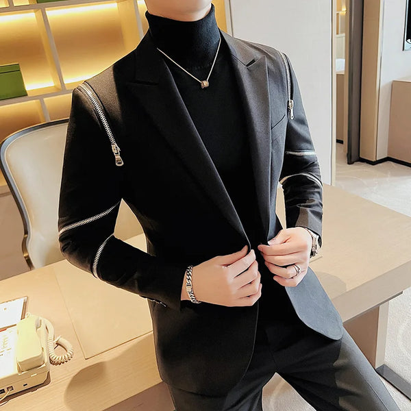 Slim Fit Casual Suit Jacket for Men - Business Dress Blazer for Wedding Banquet Singer Stage Zipper Decoration Tuxedo